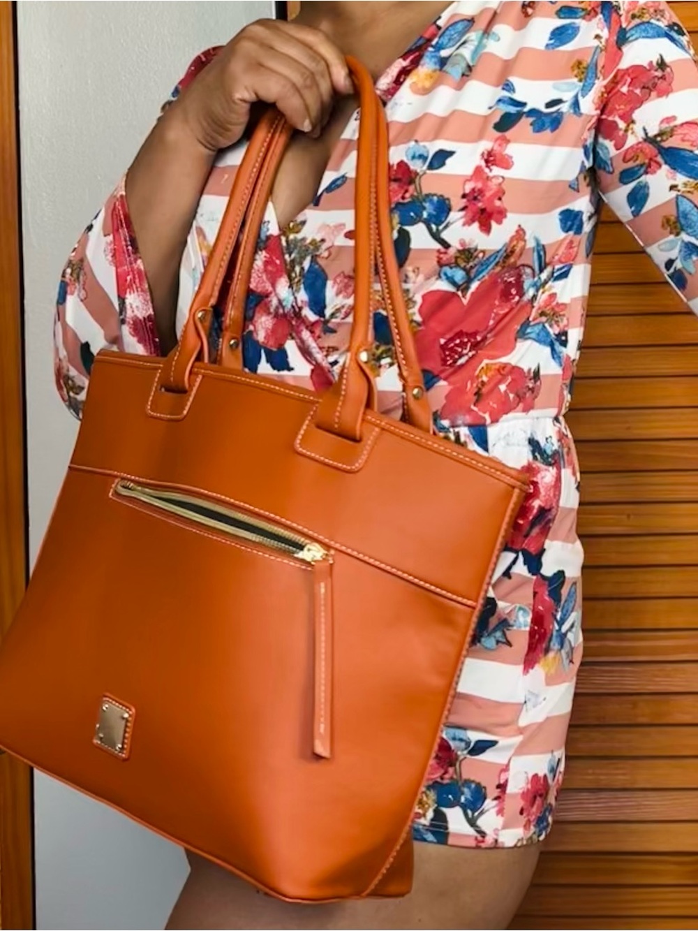 Sleek Orange faux Leather-Look Tote with Front Zip Pocket